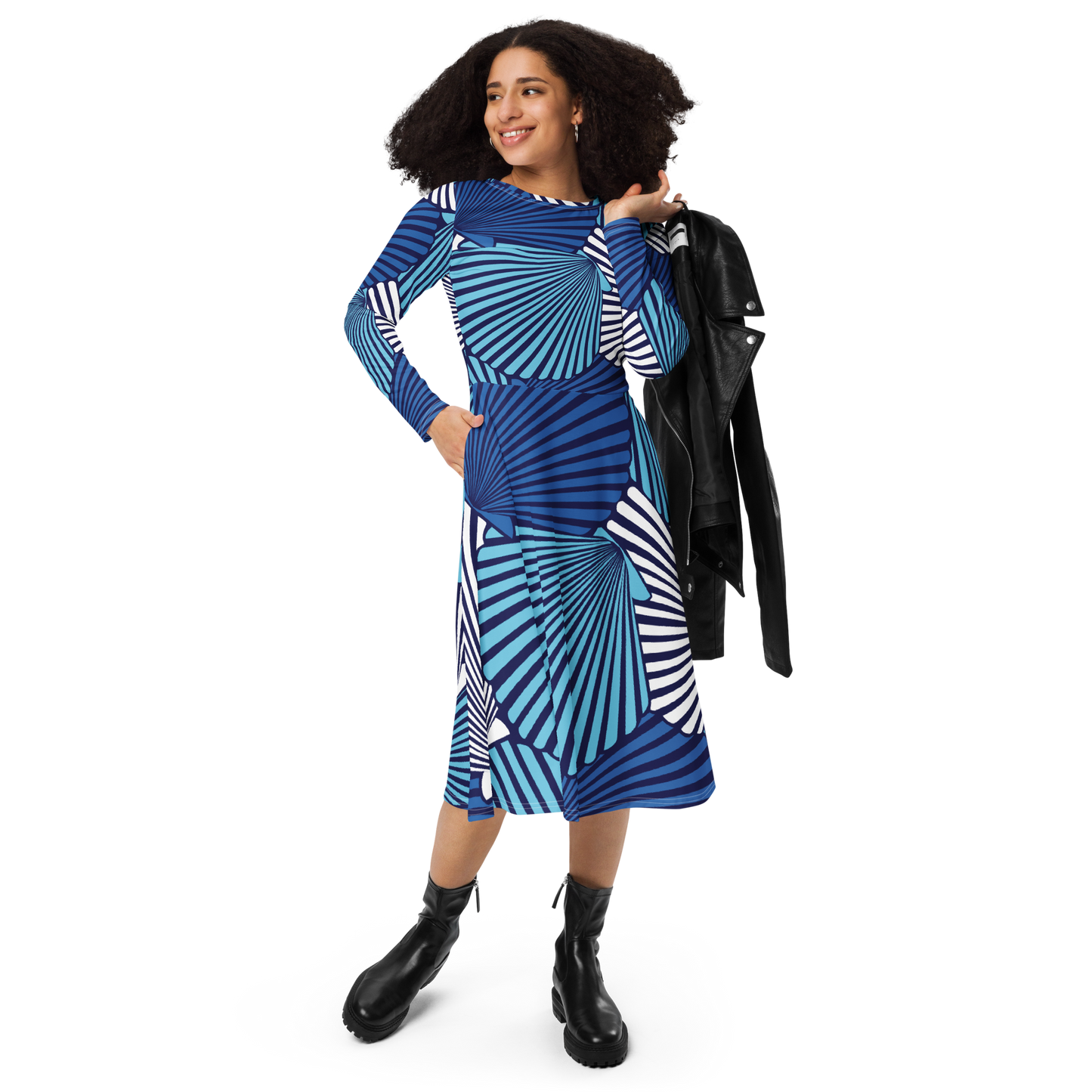 Blue and white spiral patterned long sleeve midi dress with fitted waist.