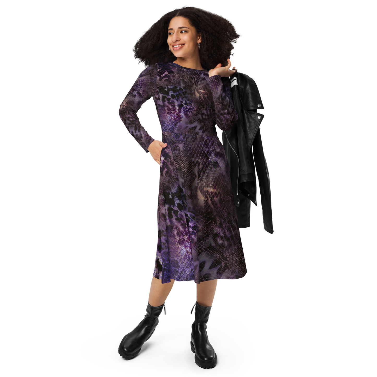 Long-sleeve purple patterned midi dress with fitted waist and flared skirt.