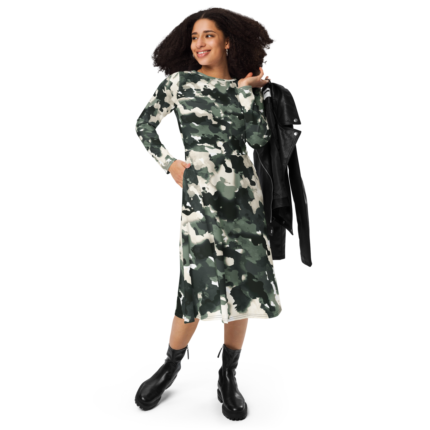Long-sleeve midi dress with green, ivory and gray abstract camouflage print.