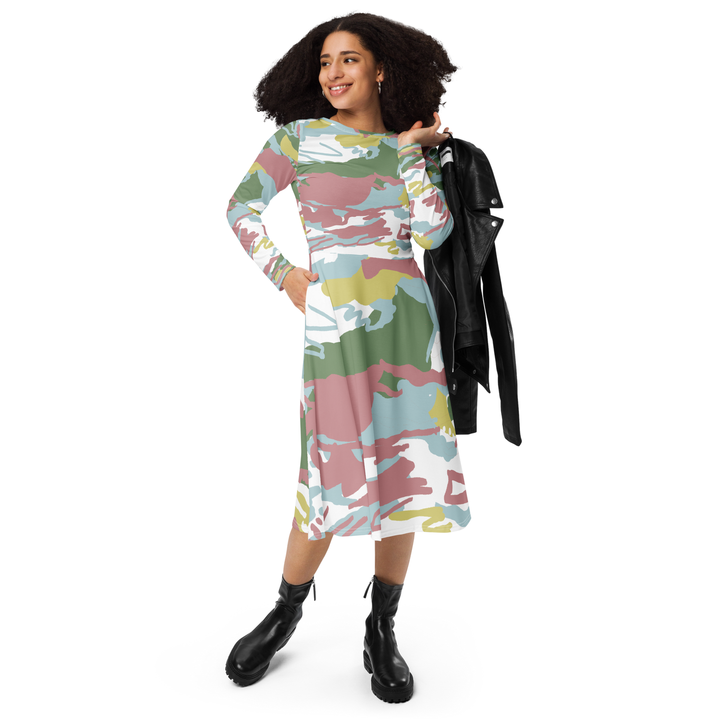 Long sleeve midi dress with pastel pink, green, blue, and yellow camouflage pattern.
