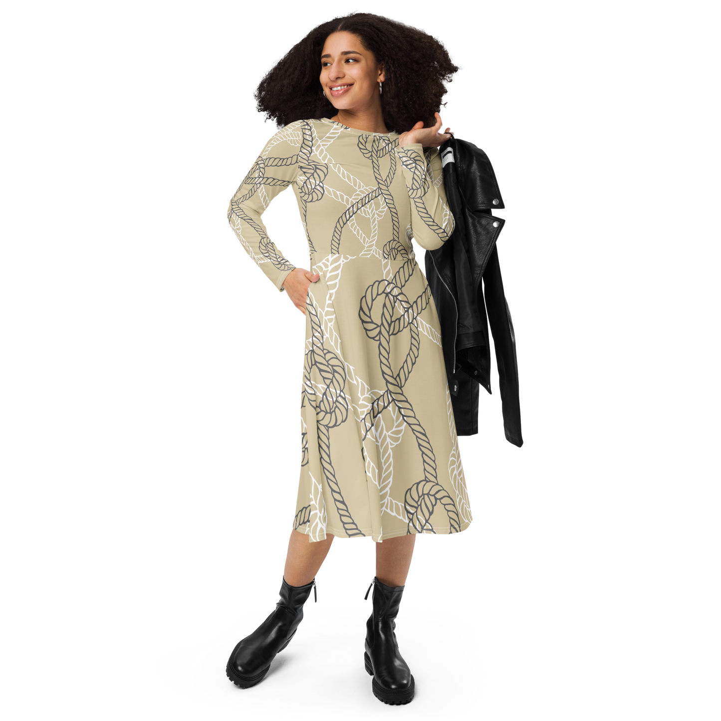 Beige long-sleeve midi dress with navy and white rope patterns.