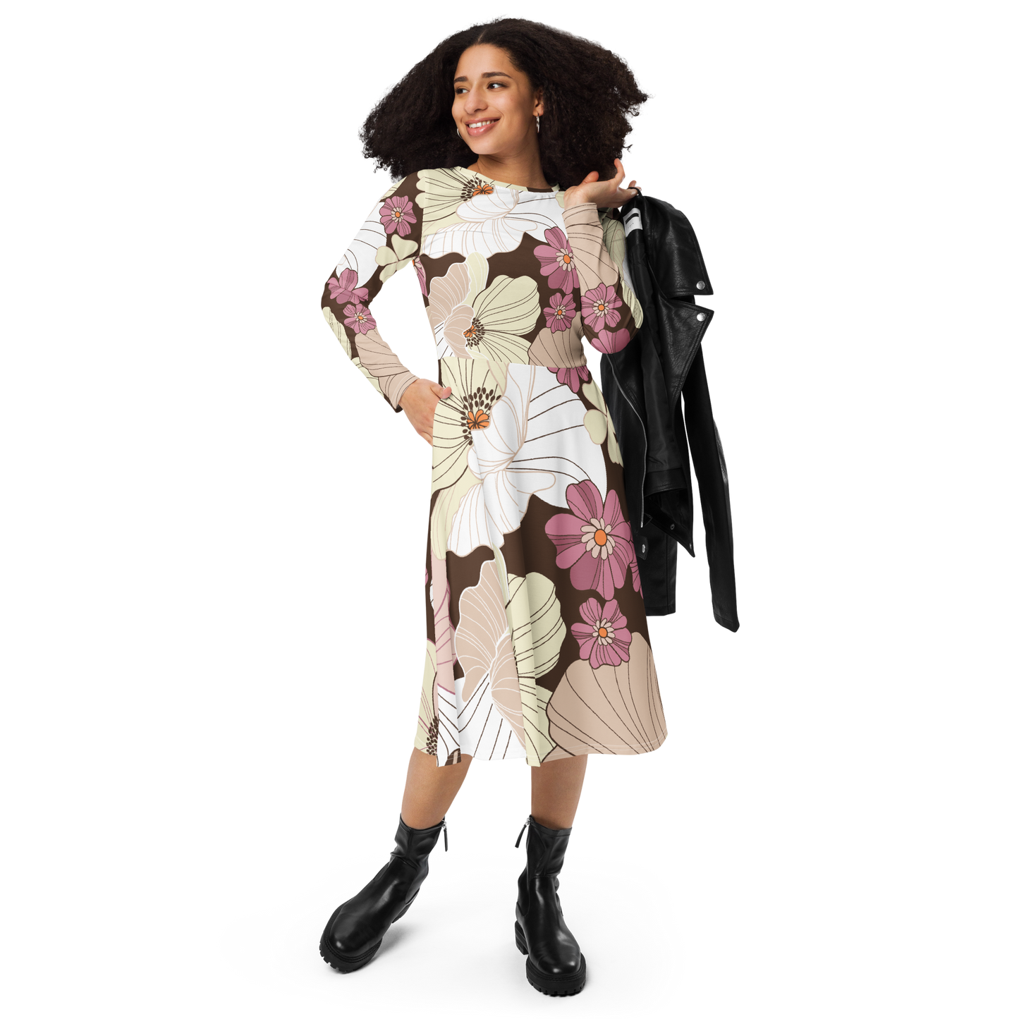 Long-sleeve midi dress with oversized cream, chocolate, and blush floral print.