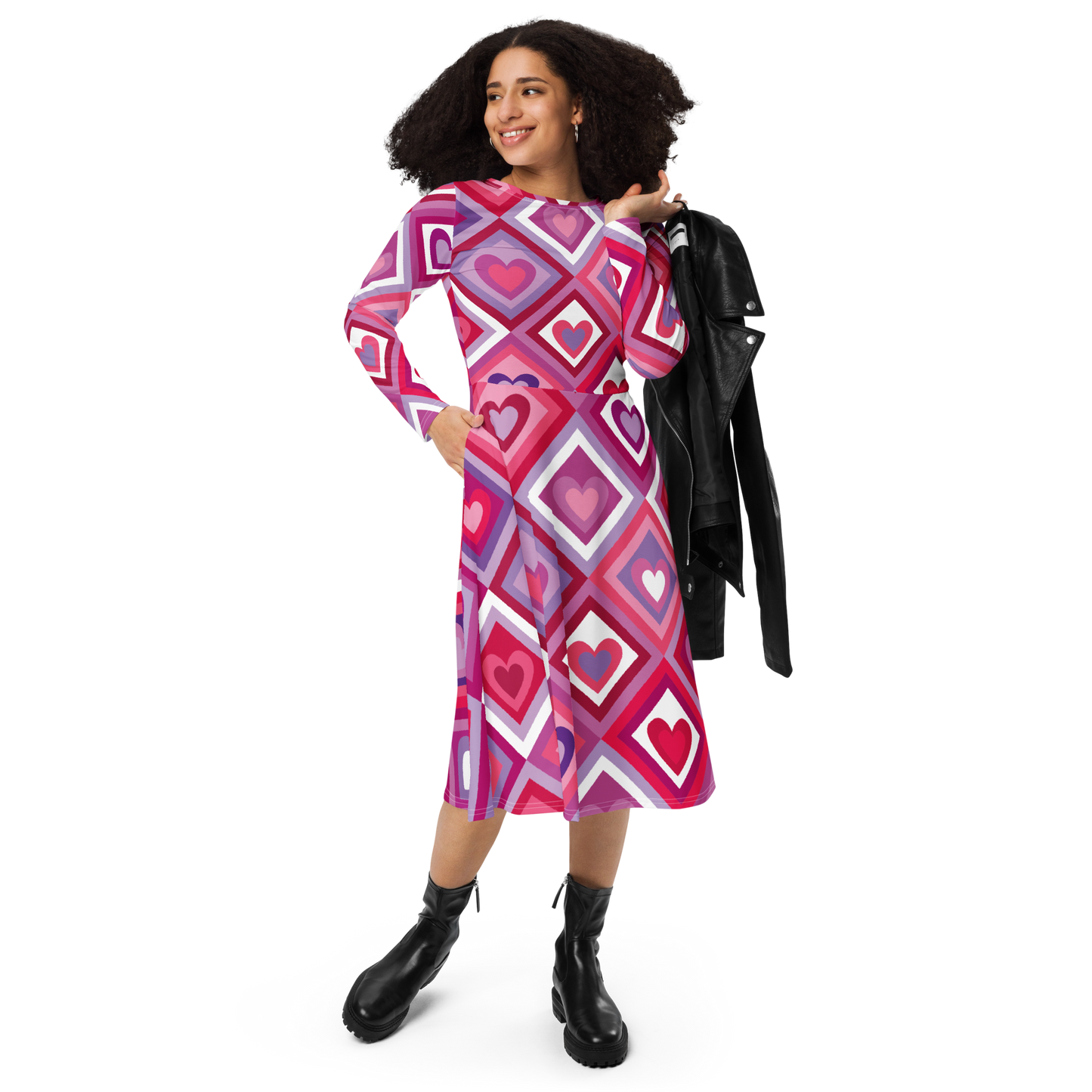 Long sleeve midi dress with pink and red diamond and heart pattern.