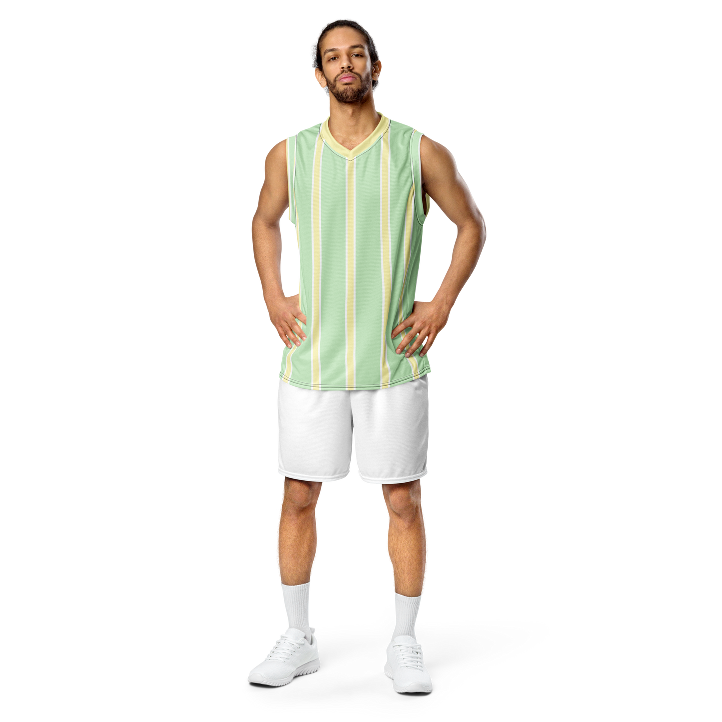 Pastel mint basketball jersey with white and yellow vertical stripes worn with shorts.