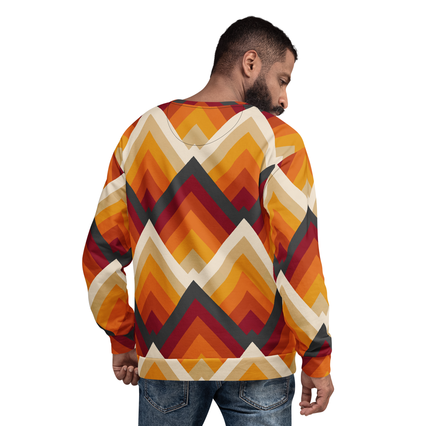 Men's sweatshirt with ochre, red, and gold geometric zigzag pattern.