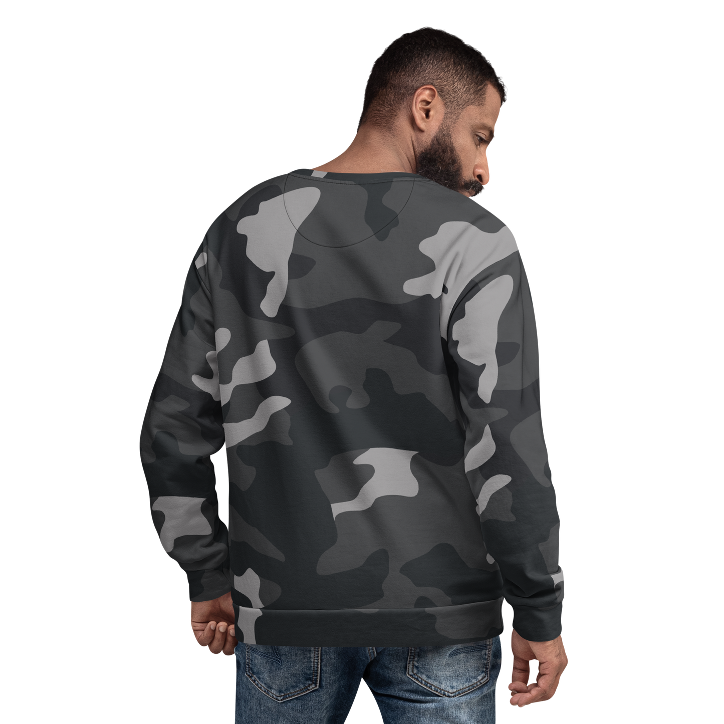 Men's sweatshirt with abstract camouflage pattern in black, grey, and white.