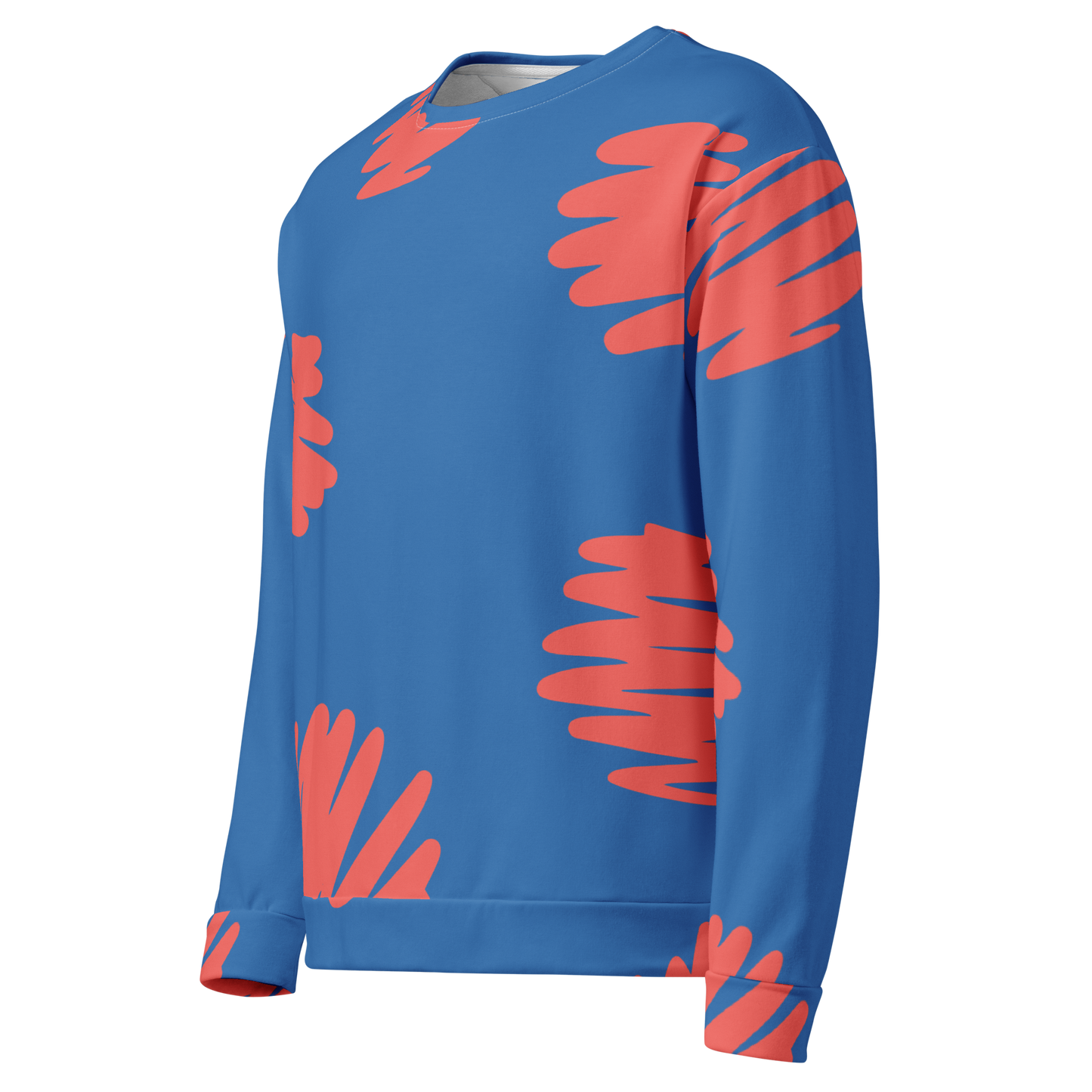 Blue sweatshirt with large red brushstroke patterns scattered across the fabric.