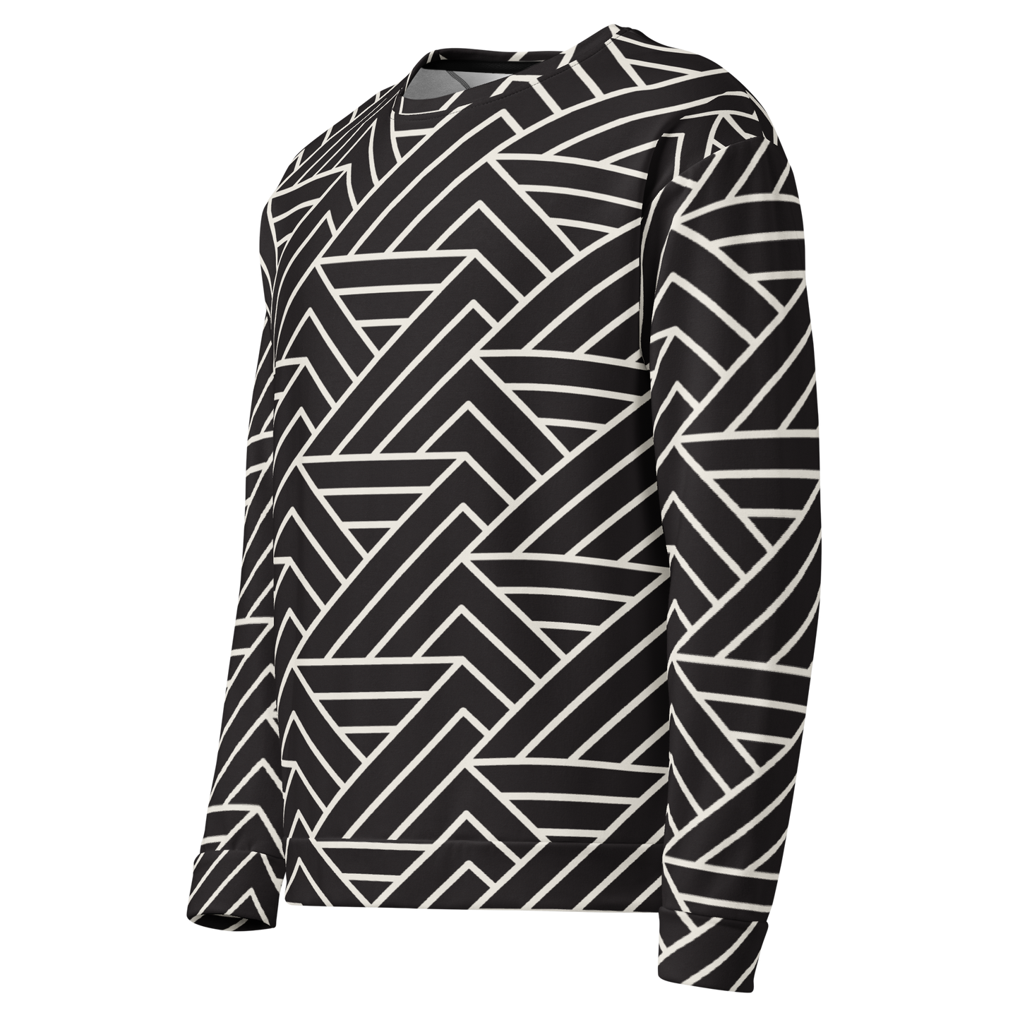 Black men's sweatshirt with bold white zigzag geometric pattern throughout.