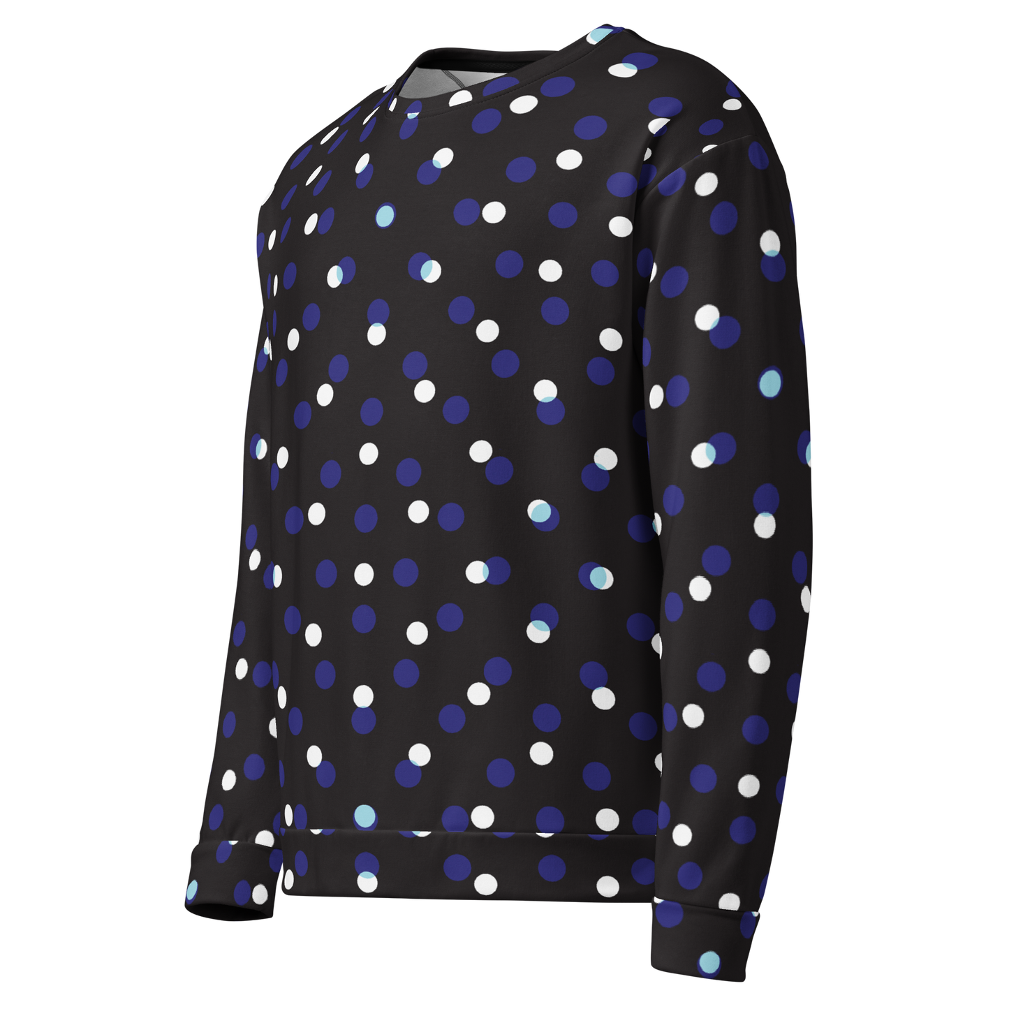 Black sweatshirt with blue and white geometric dot pattern throughout.