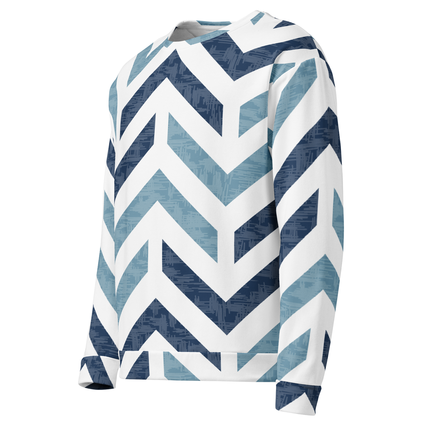 Men's sweatshirt with deep blue and white angular chevron zigzag pattern.