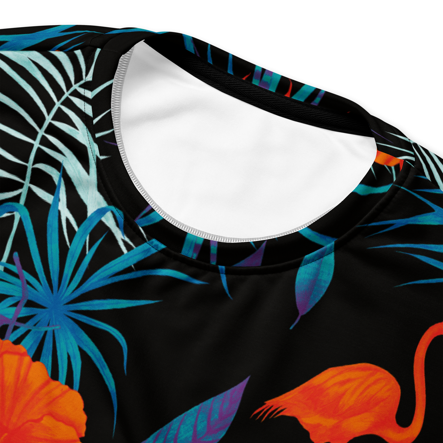 Black sweatshirt with colorful tropical florals and orange flamingos print.