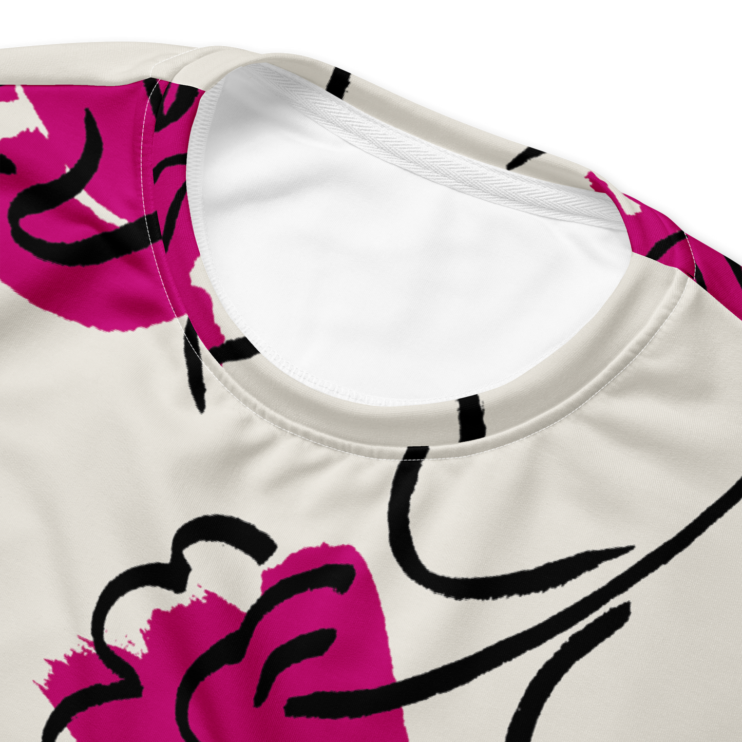 Magenta floral brushstroke pattern with black accents on a light sweatshirt.
