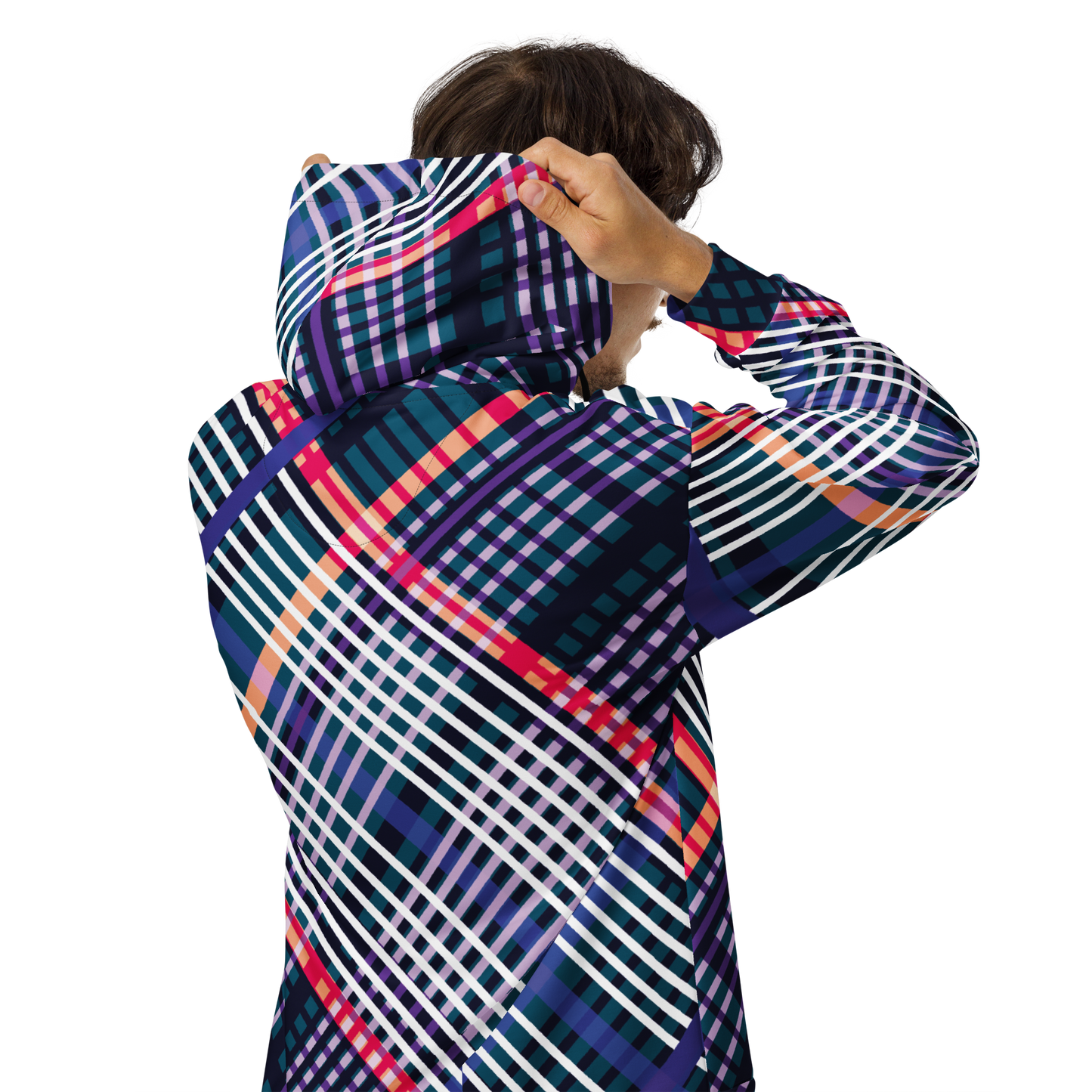 Men's hoodie with blue, red, and white crisscrossed plaid pattern.