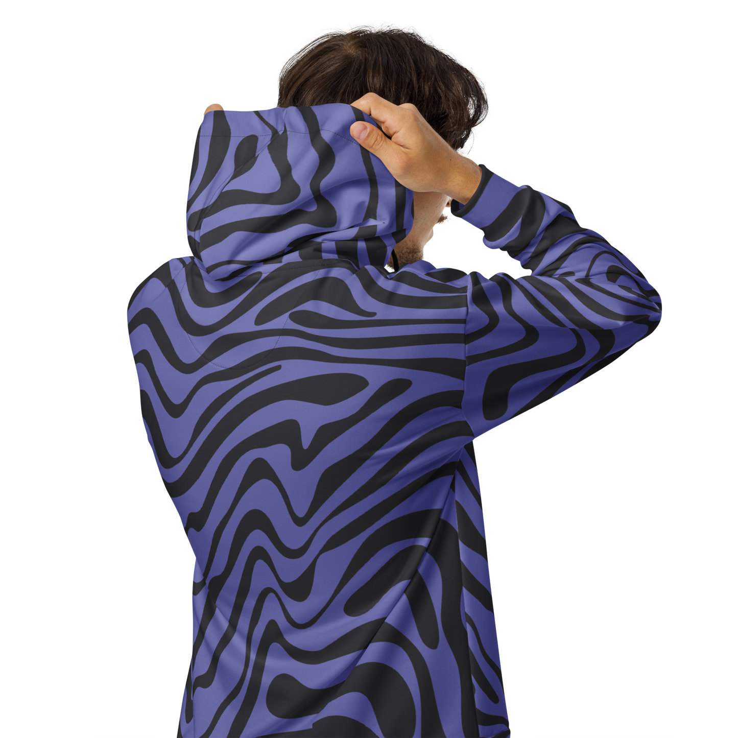 Men's hoodie with wavy black lines over deep blue background pattern.