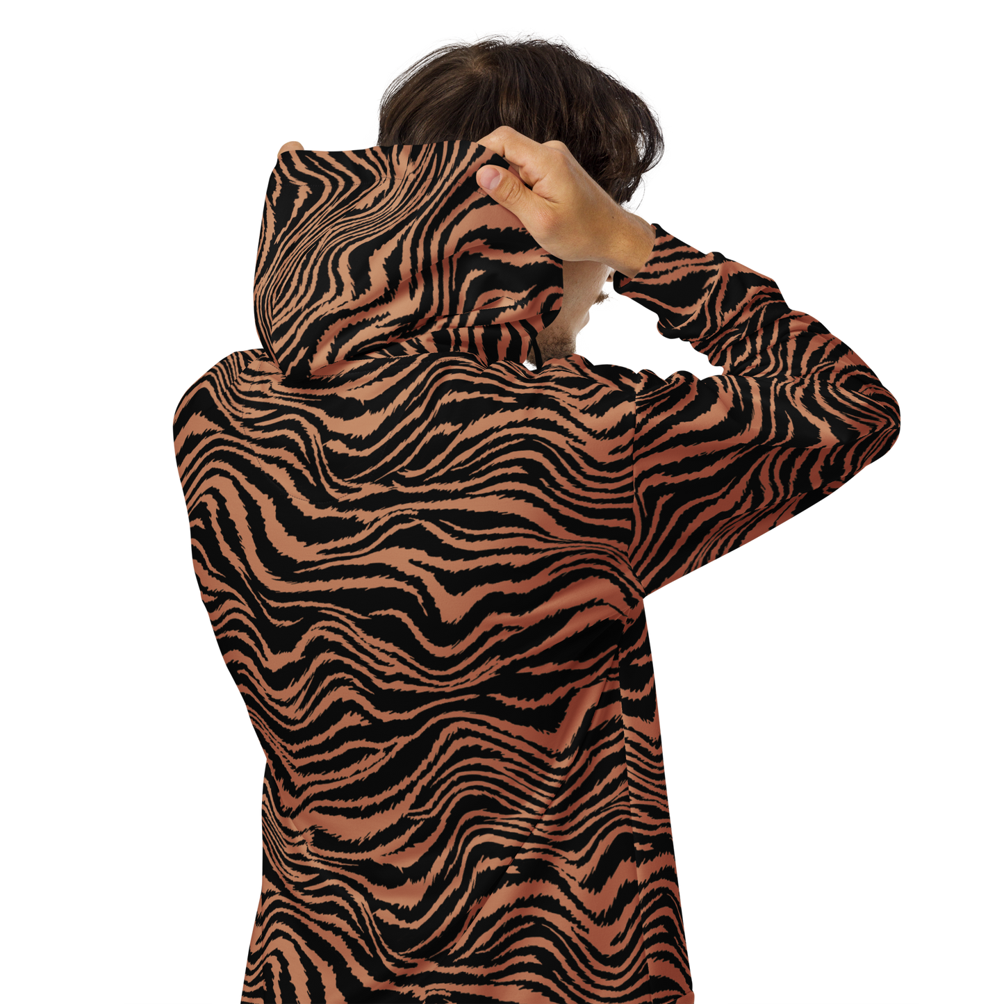 Tan and black zebra stripe men's hoodie viewed from the back.