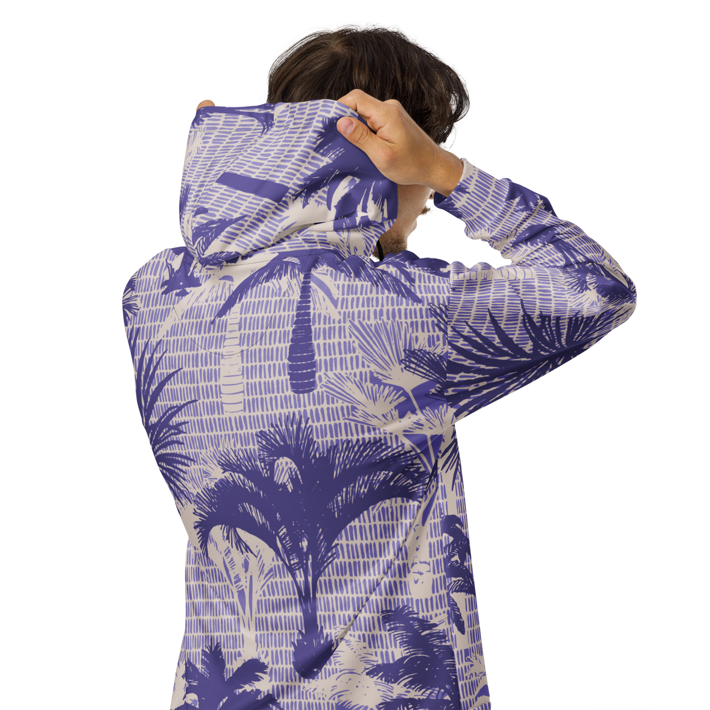 Lilac and cream hoodie with palm tree pattern and layered silhouettes.
