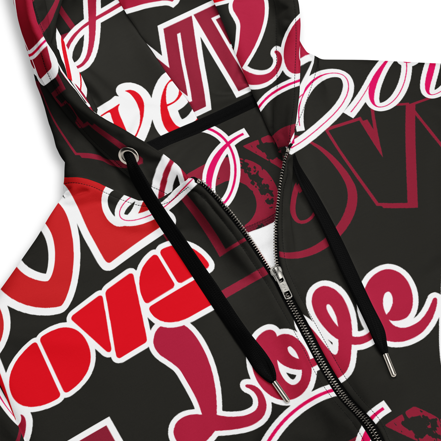 Red and white love lettering pattern hoodie with black background and black drawstrings.