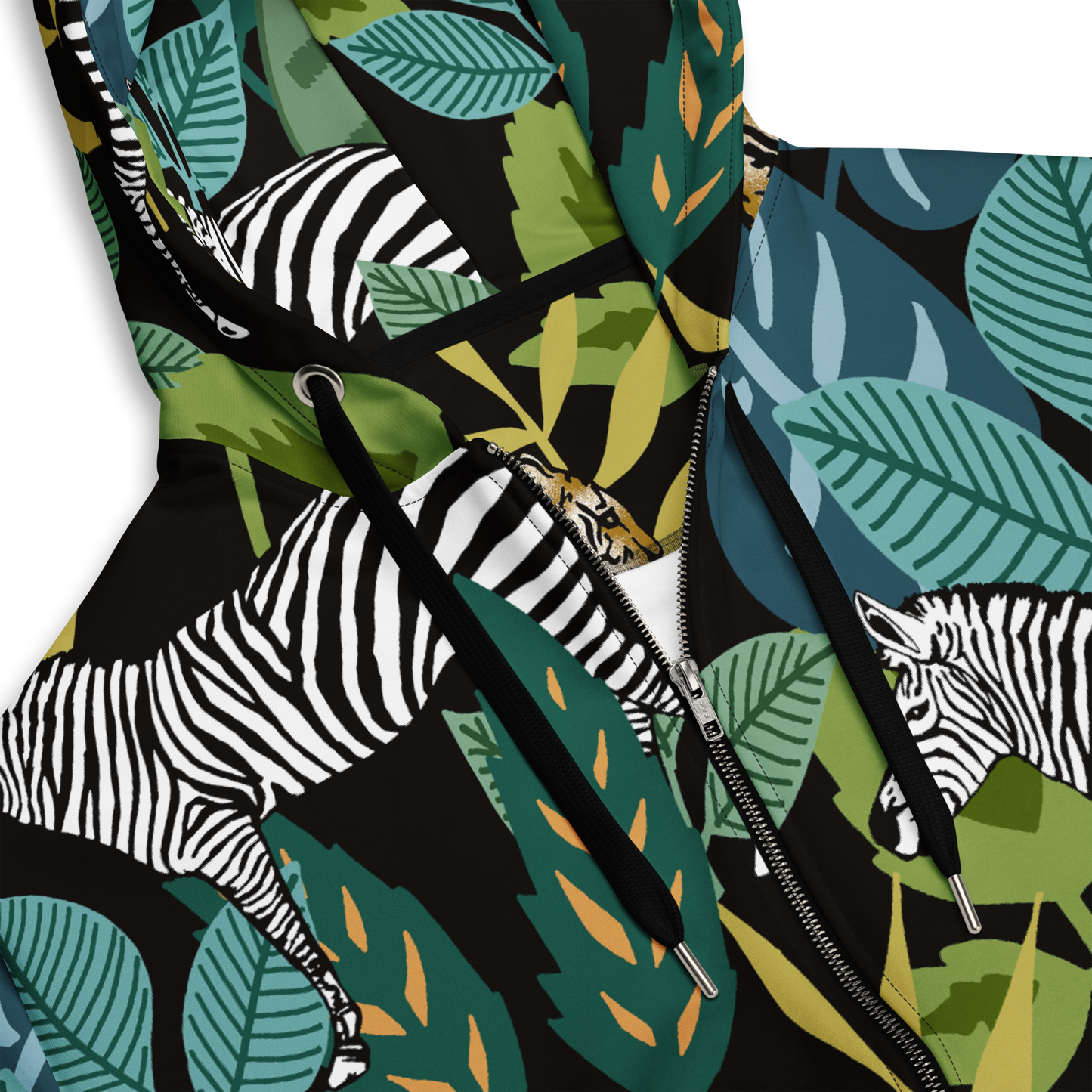 Jungle print hoodie with zebras, tigers, and green tropical leaves.