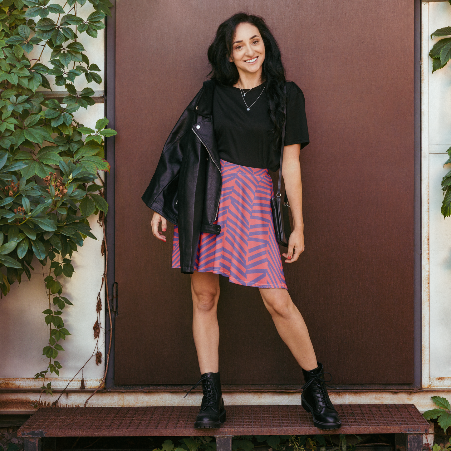 Pink and blue chevron skater skirt with a flared silhouette.