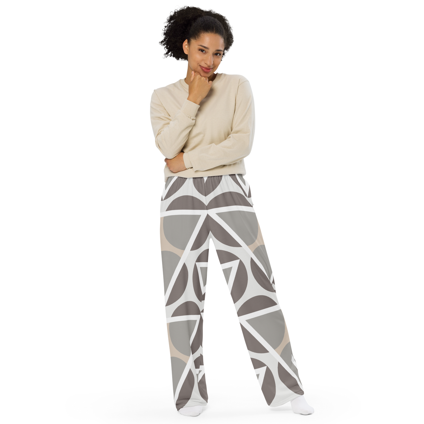 Women's wide-leg pants with abstract slate and taupe geometric pattern.