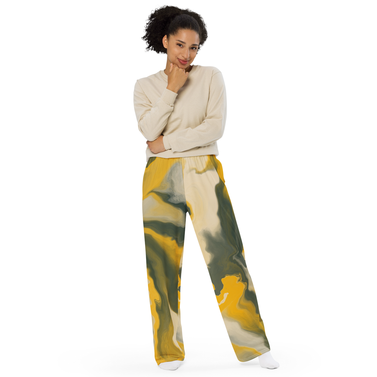 Wide-leg pants with swirling saffron and olive painterly abstract design.