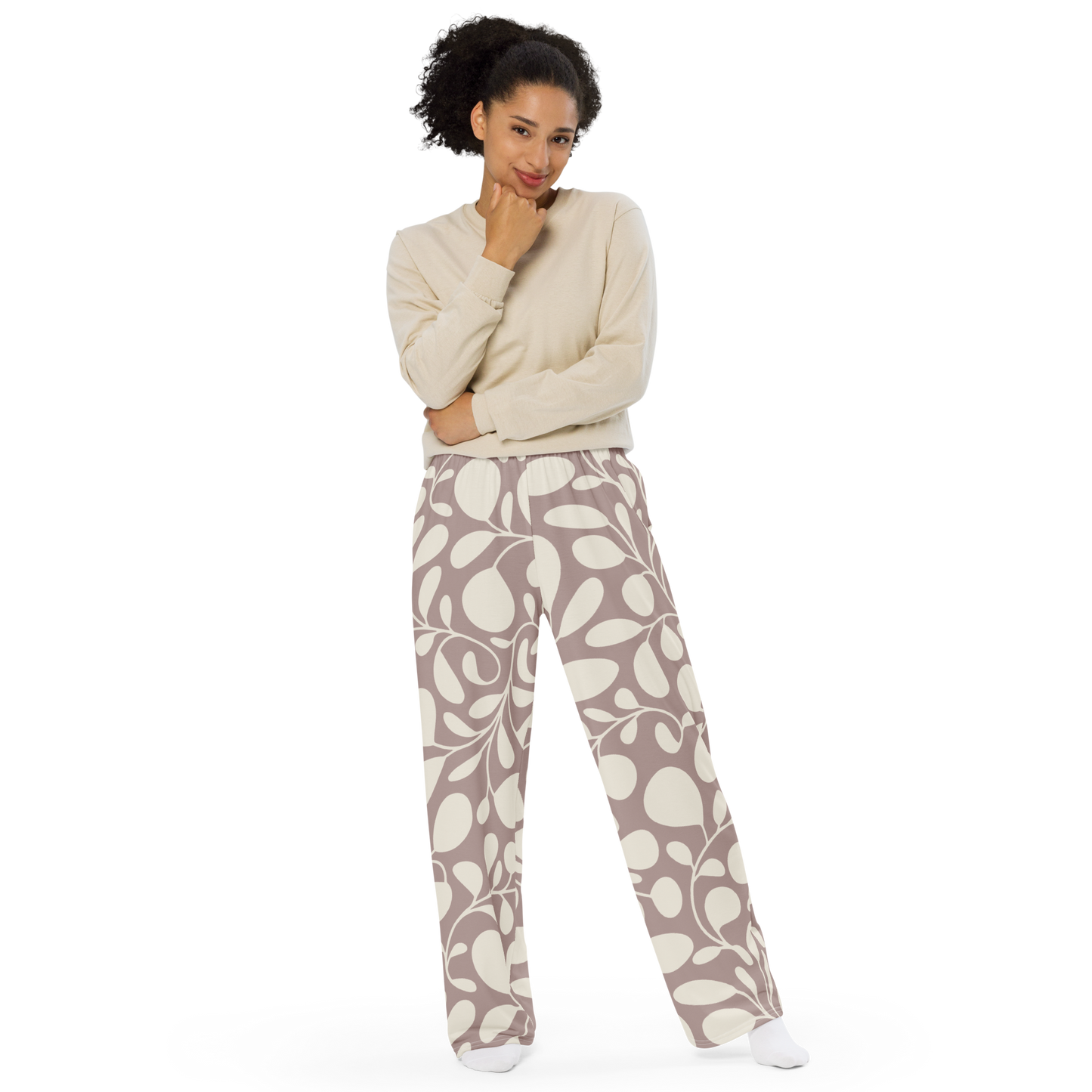 Women's wide-leg pants with organic cream and taupe abstract pattern.