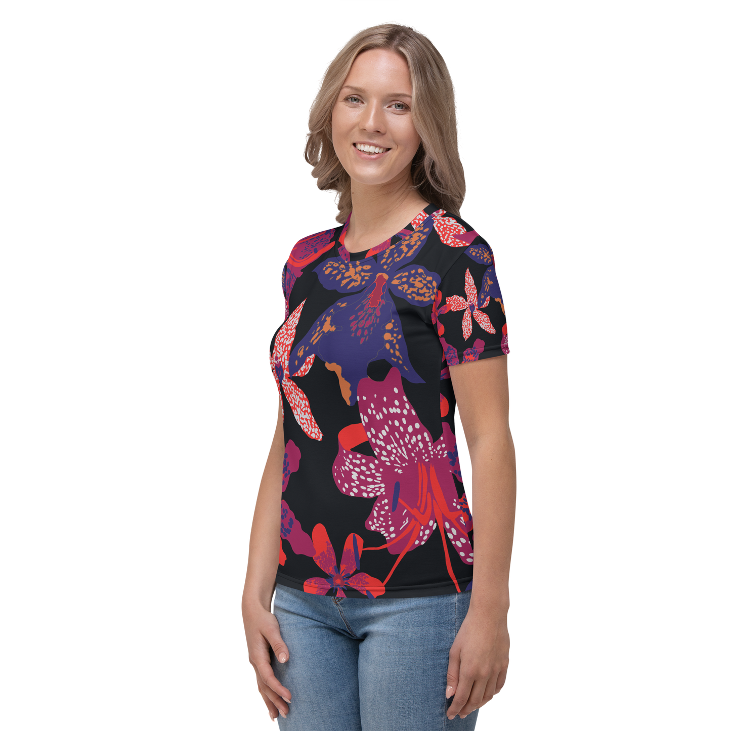 Crew neck T-shirt with large purple pink and red floral print.