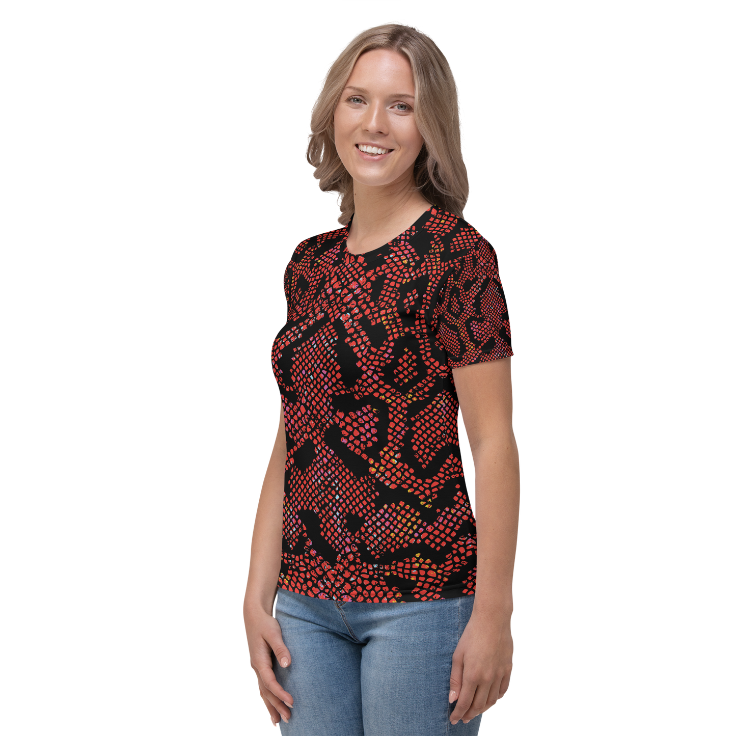 Black crew neck t-shirt with red and orange dotted abstract patterns.