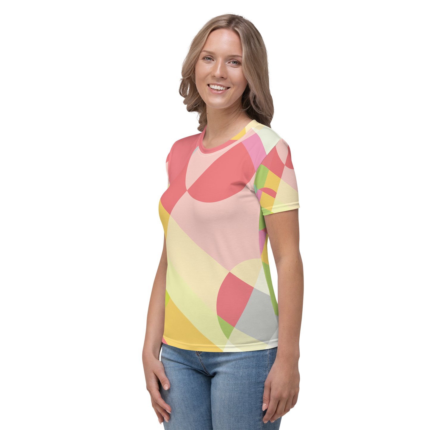 Crew neck t-shirt with abstract pink yellow and green curved pattern.