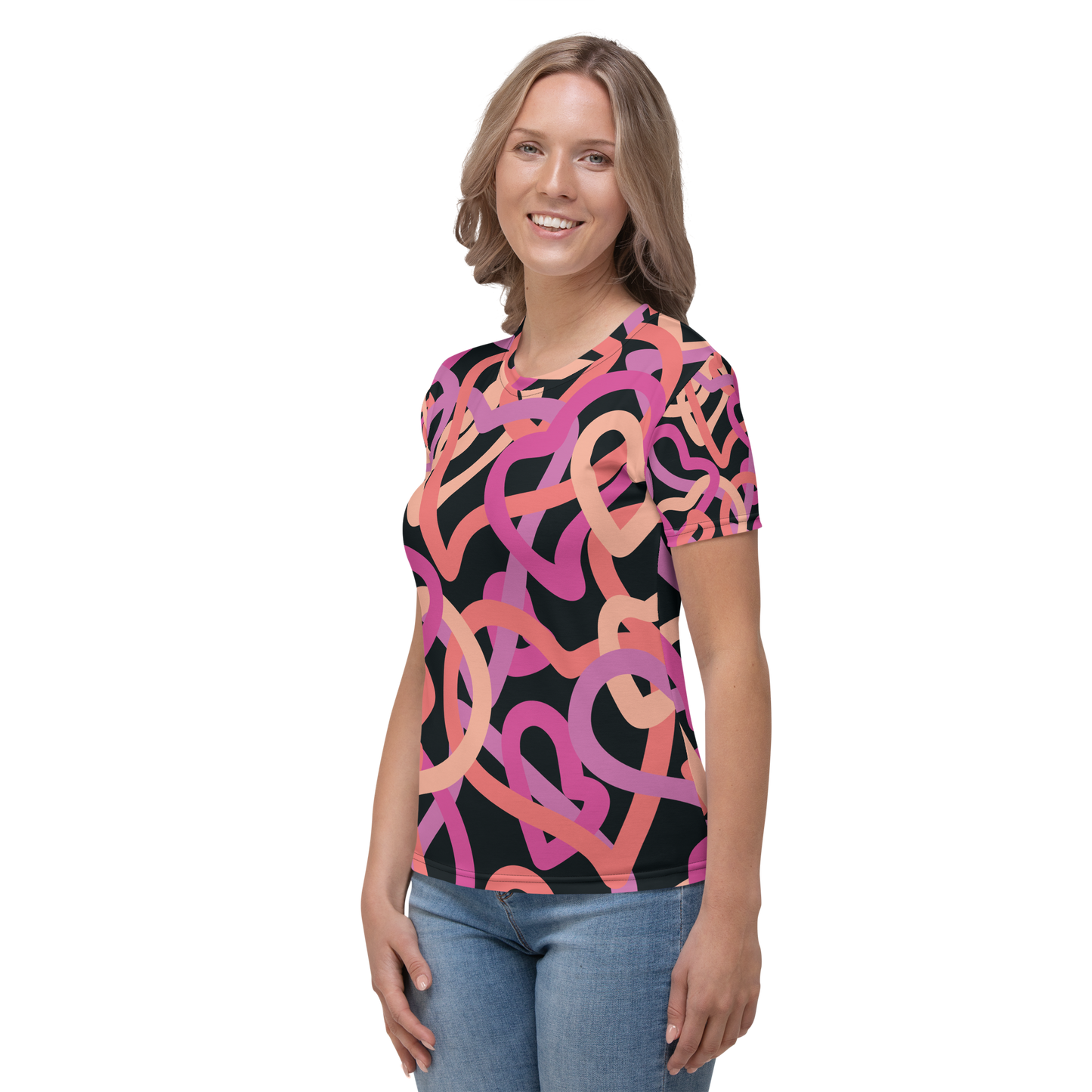 Women's crew neck t-shirt with pink and peach curved lines on black.