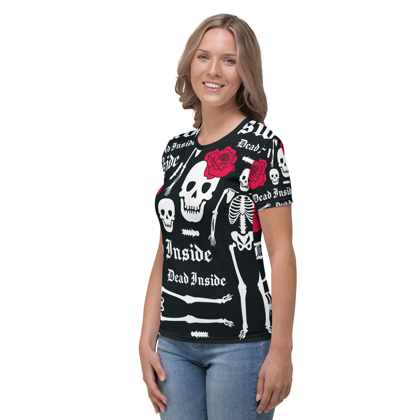 Black crew neck T-shirt with white skulls, skeletons, roses, and text graphics.