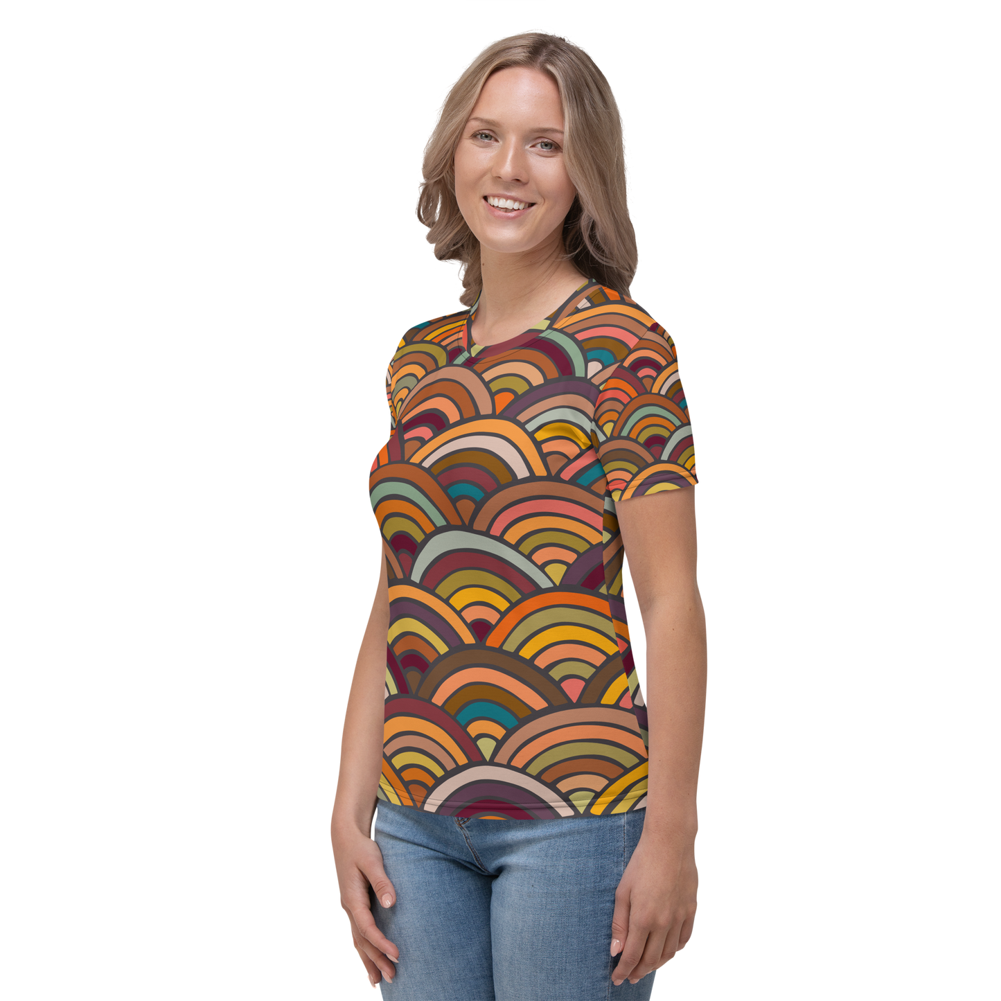 Crew neck t-shirt with curved retro pattern in gold orange red and teal.