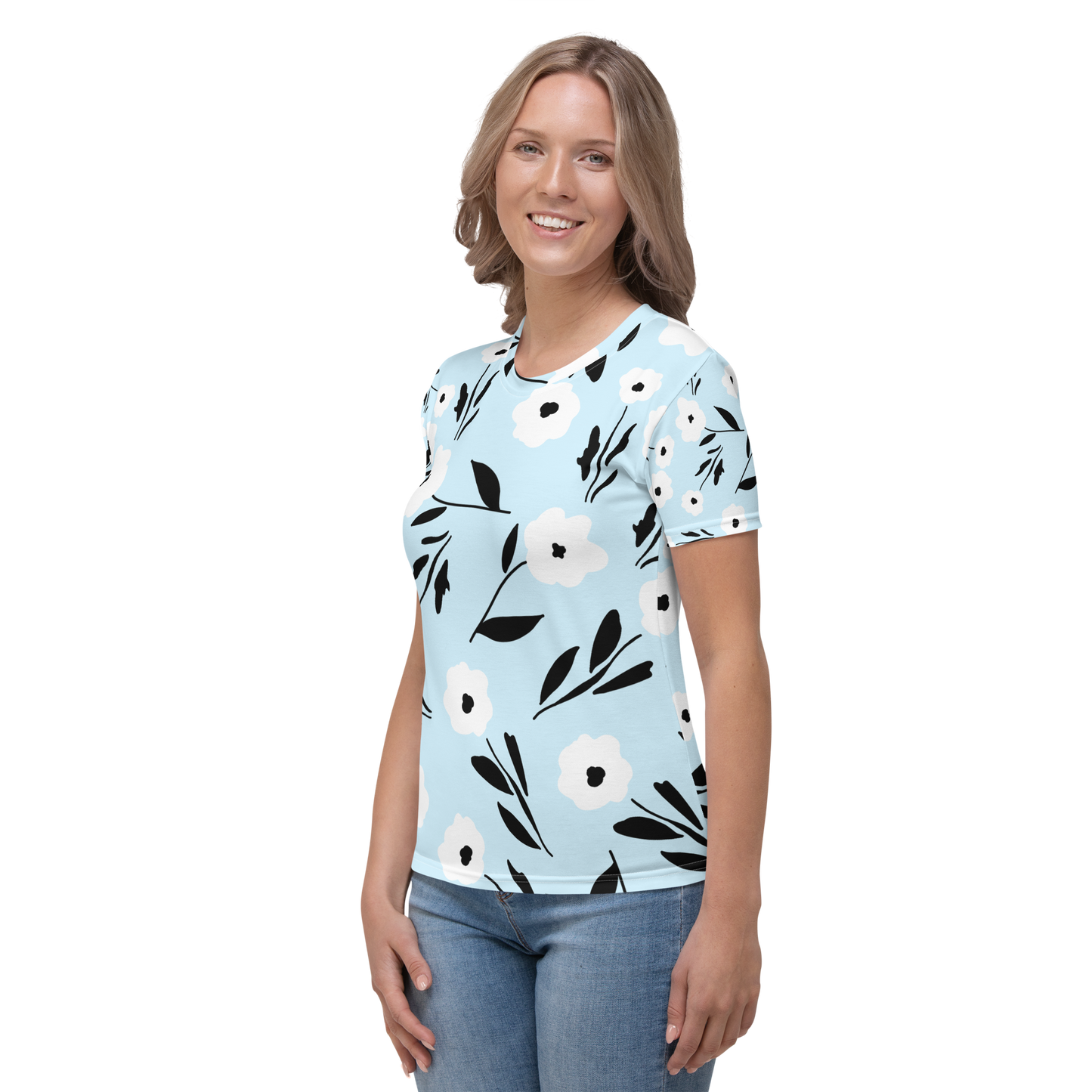 Light blue crew neck t-shirt with white and black floral print pattern.