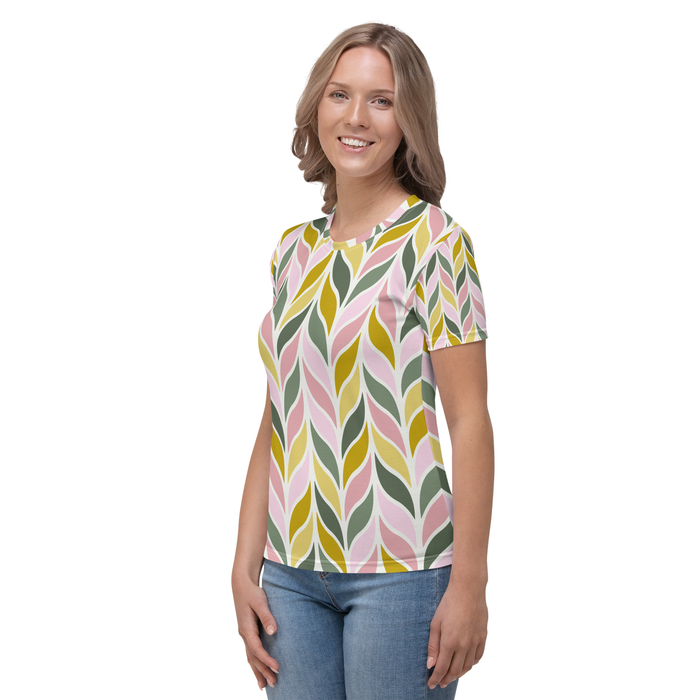 Crew neck t-shirt with pink, yellow, and green leaf pattern on white.