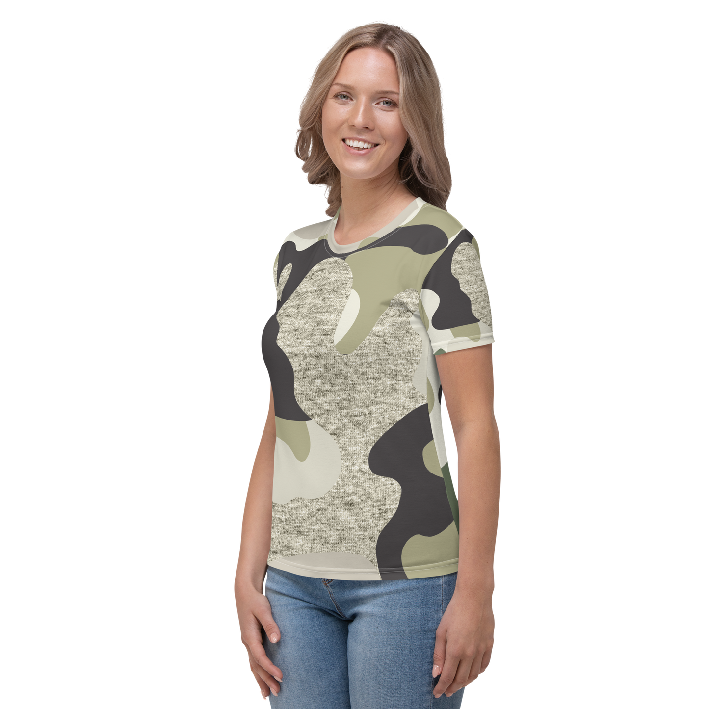 Crew neck t-shirt with beige, black, and green camouflage pattern.