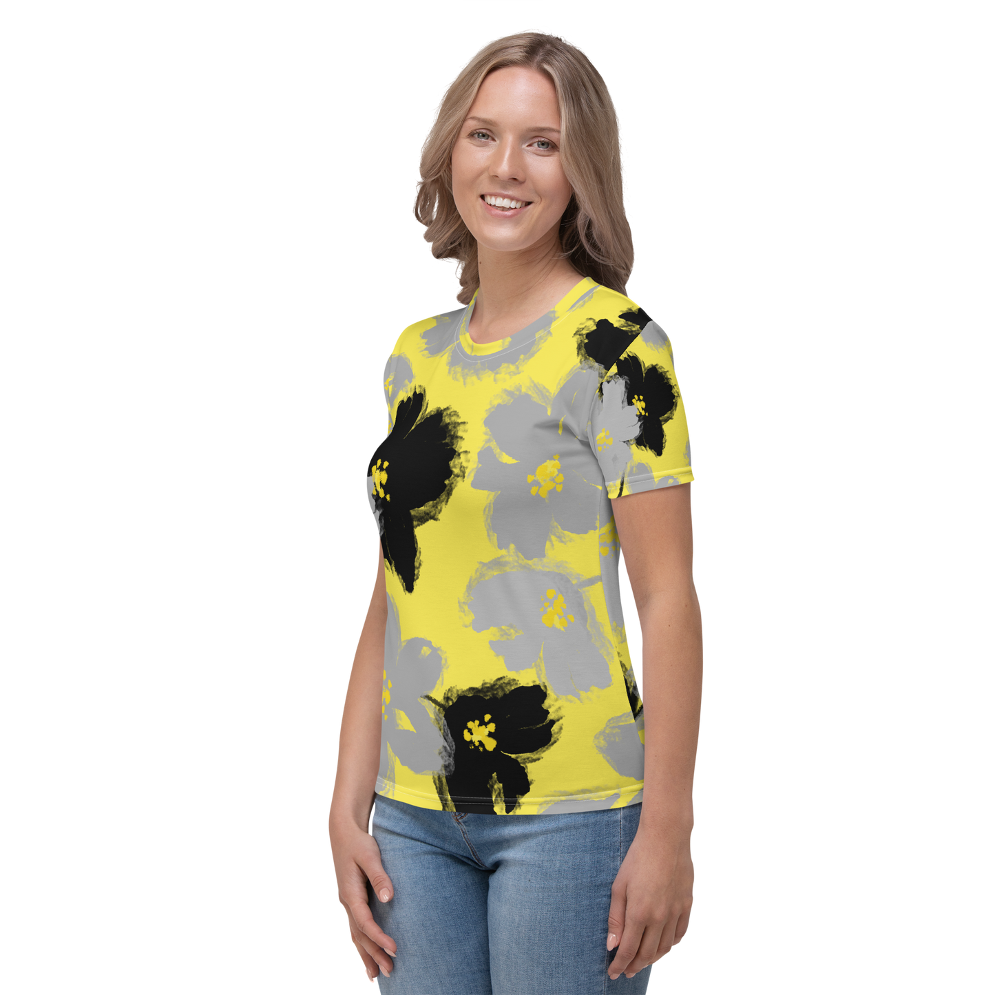 Yellow crew neck tee with gray and black artistic floral brushstrokes.