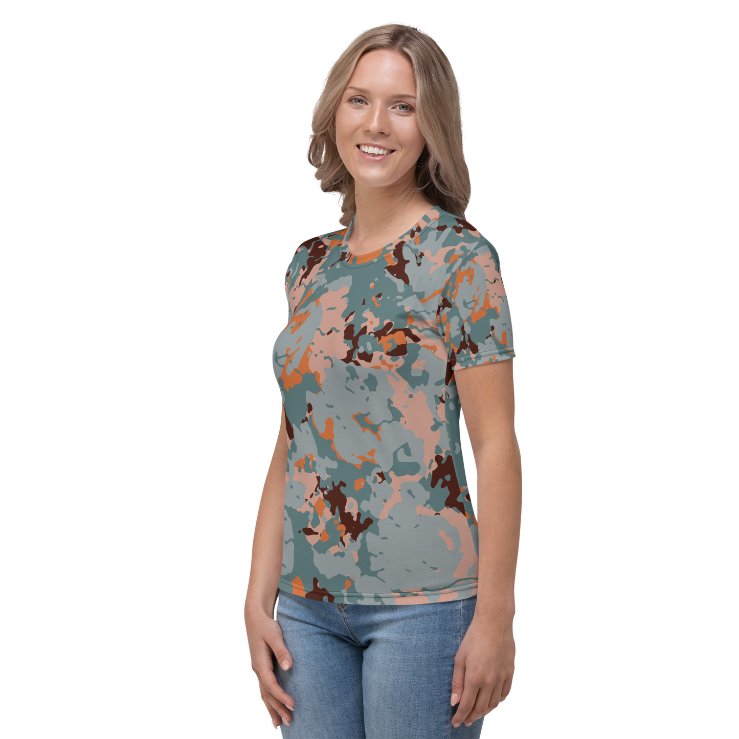 Crew neck T-shirt with sage, rust, and peach mottled abstract pattern.