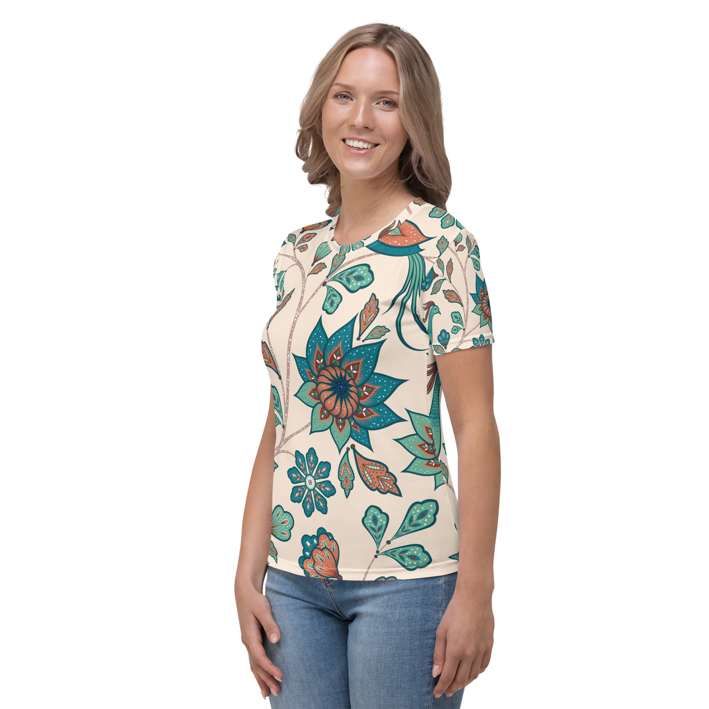 Cream crew neck t-shirt with teal floral and bird print design.