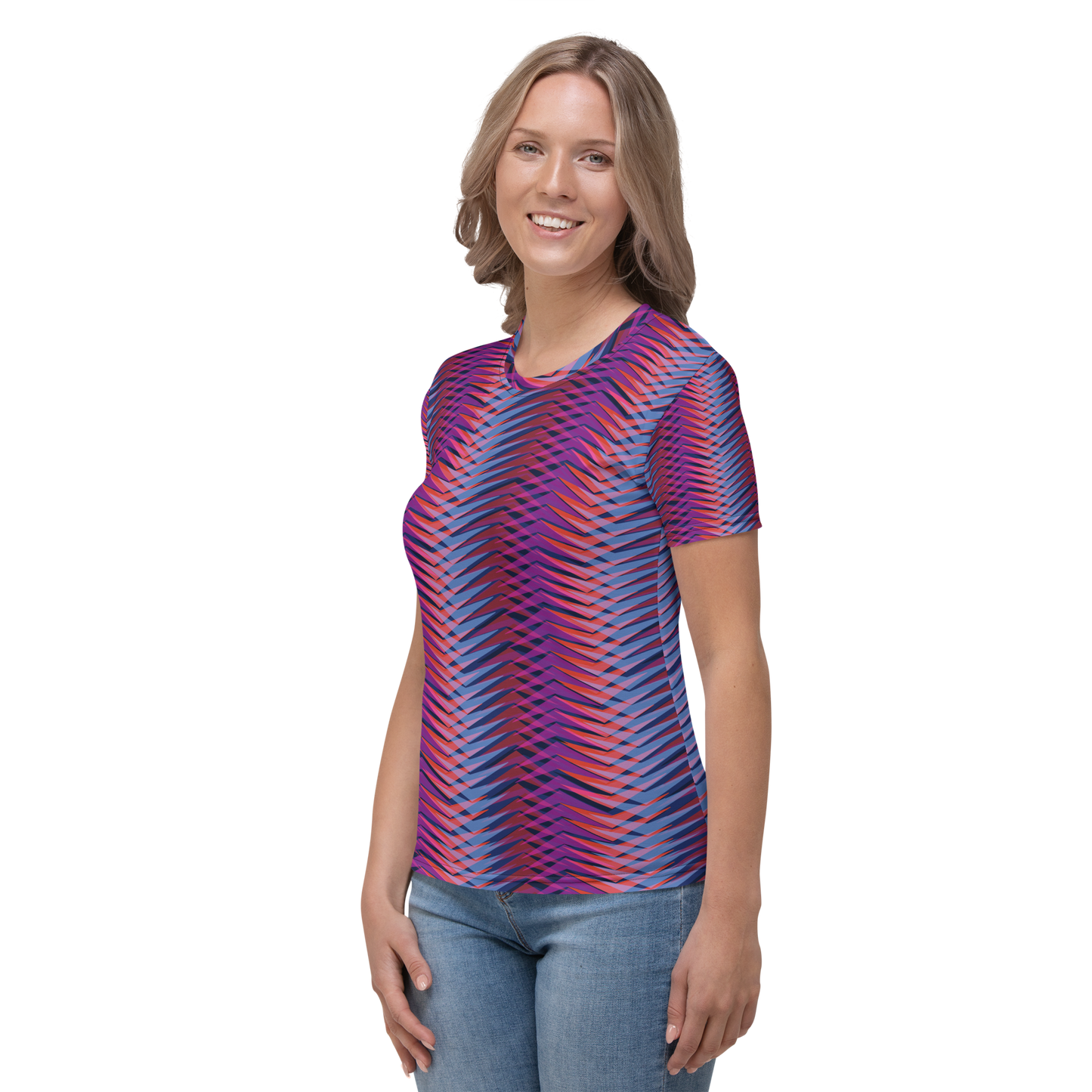 Crew neck T-shirt with shifting blue and pink wave illusion pattern.