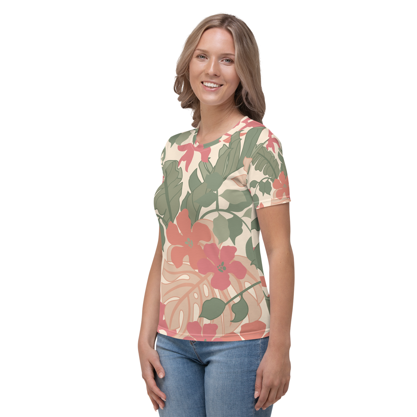 Crew neck t-shirt with green leaf and coral pink floral pattern.