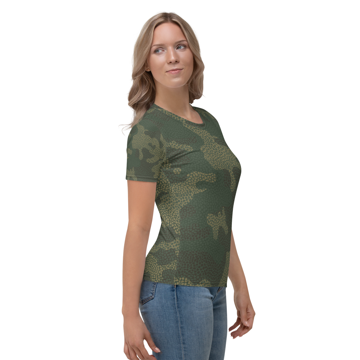 Green crew neck t-shirt with leafy camouflage pattern and short sleeves.