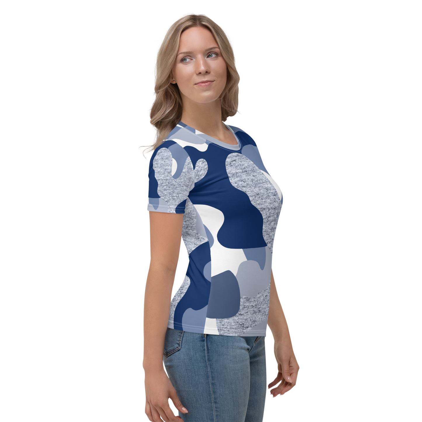 Women's crew neck T-shirt with blue and gray abstract print pattern.