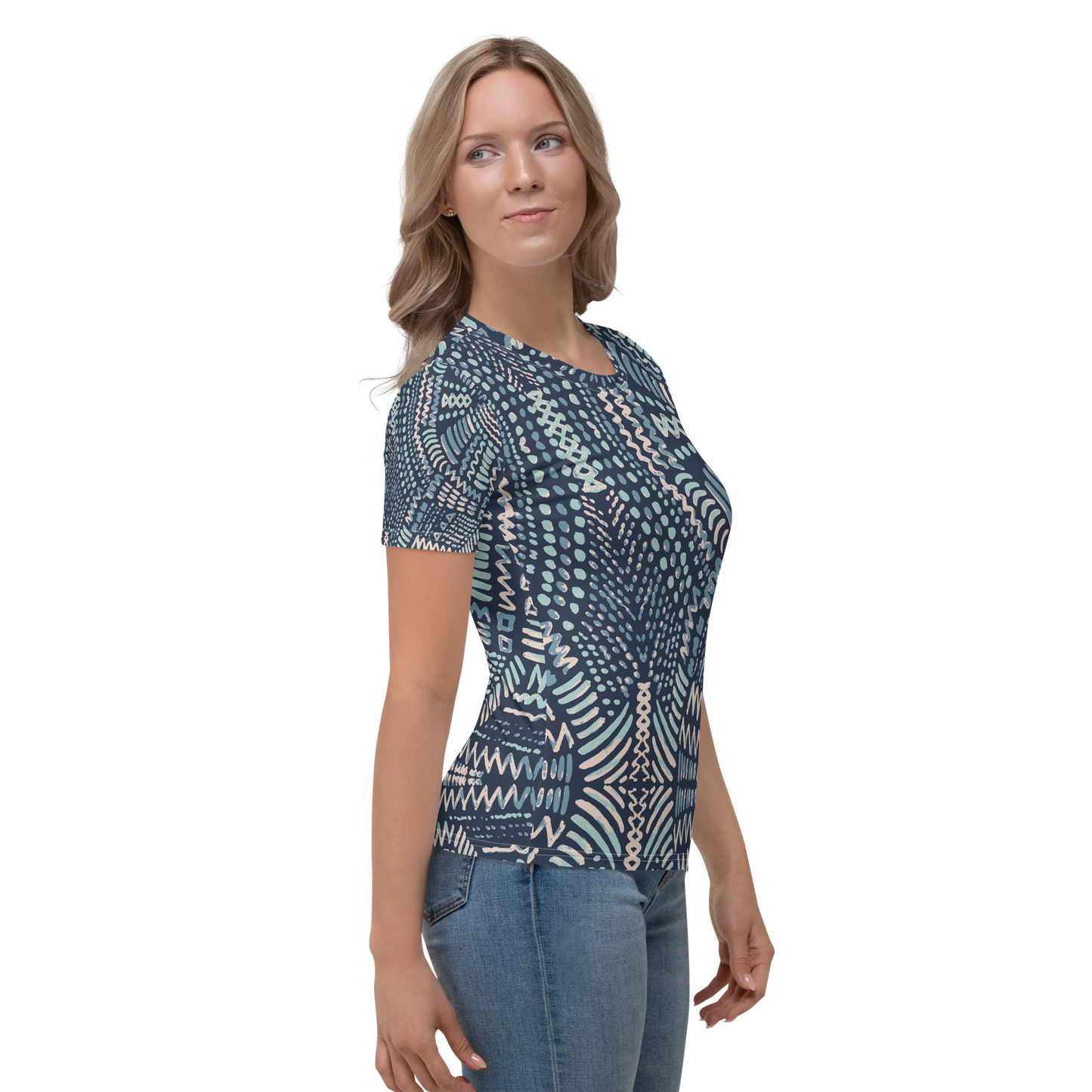 Women's crew neck T-shirt with deep blue wave patterns and hand-drawn motifs.