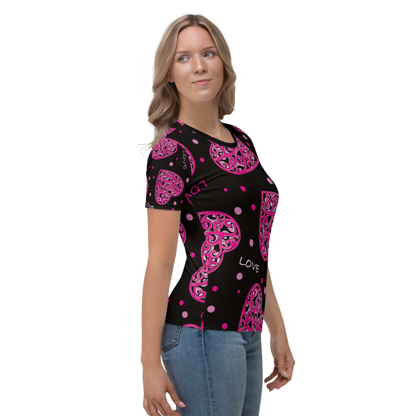 Black crew neck T-shirt with pink heart swirls and dotted accents.
