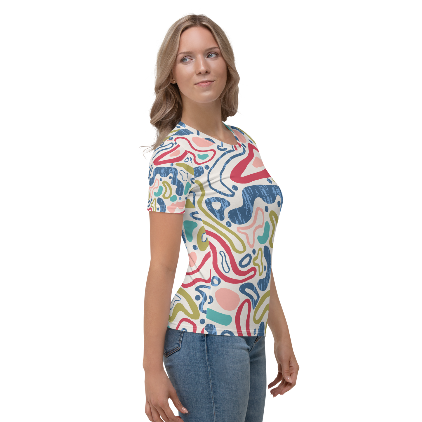Women's crew neck T-shirt with multicolored abstract swirled pattern.
