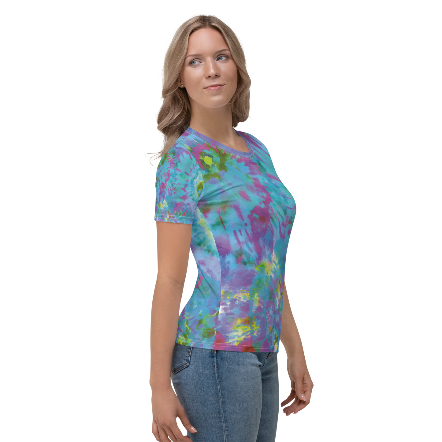 Turquoise crew neck t-shirt with yellow and pink abstract splashes.