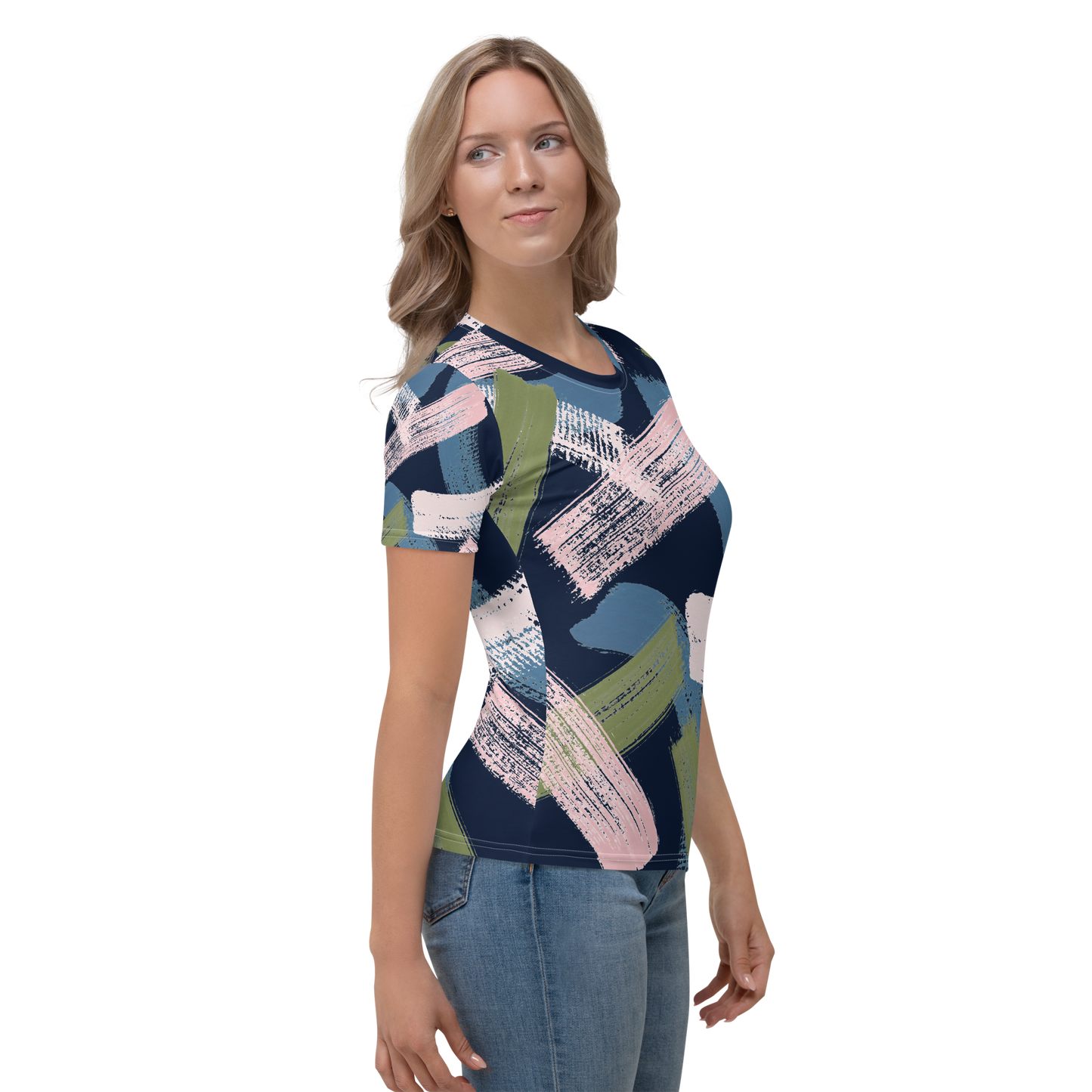 Navy crew neck t-shirt with pastel and olive abstract brushstroke pattern.