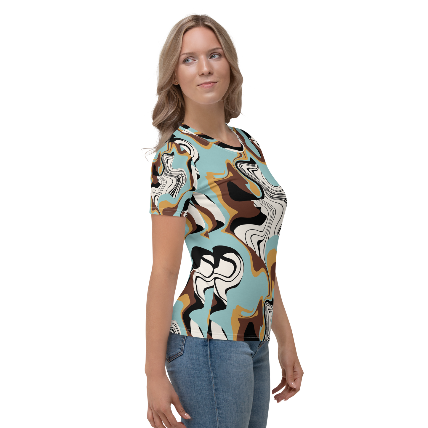 Crew neck t-shirt with swirling turquoise, brown, and white abstract pattern.