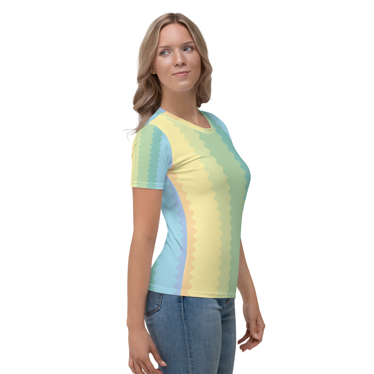 Pastel zigzag patterned crew neck T-shirt in yellow, green, and blue tones.