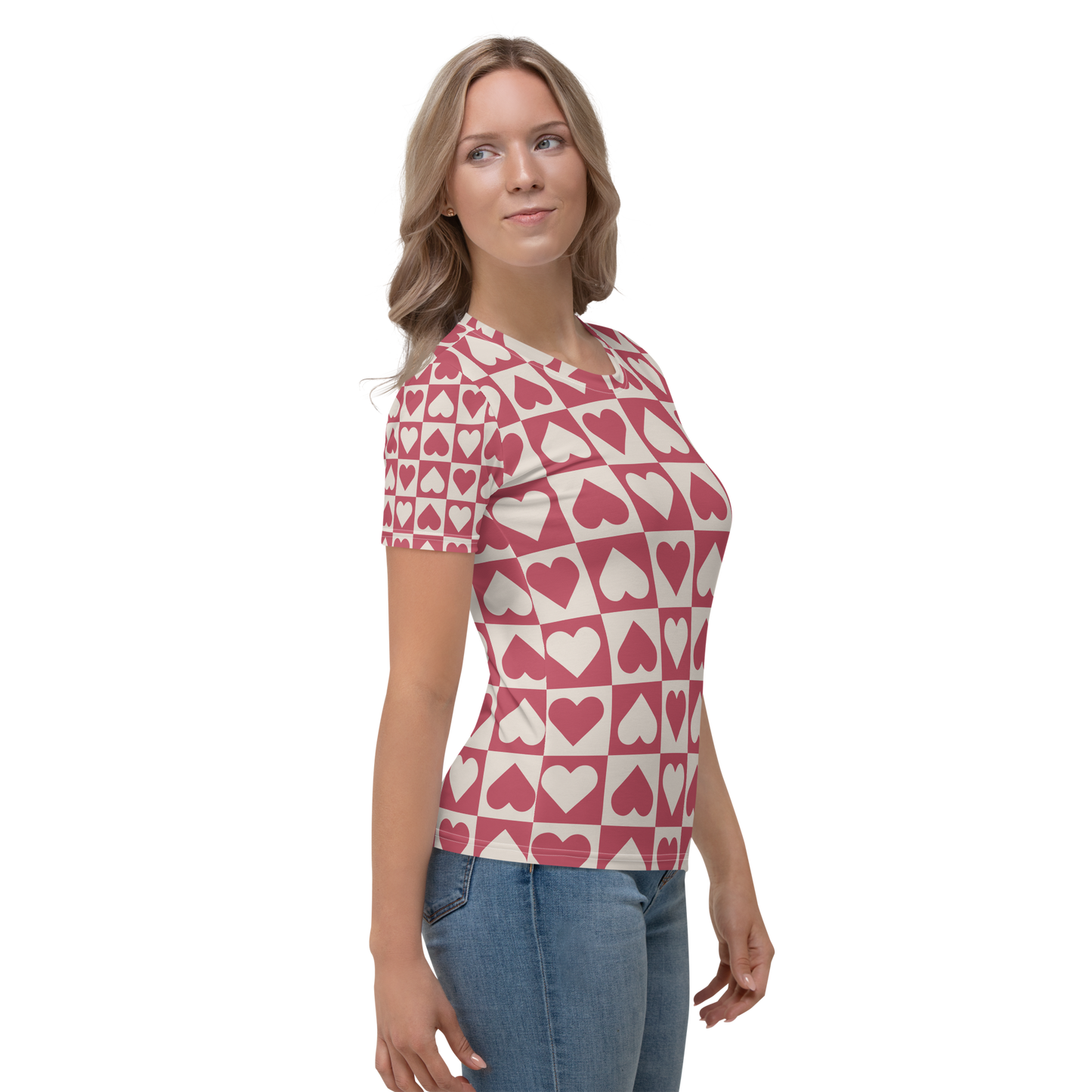 Crew neck T-shirt with crimson and ivory heart grid pattern.